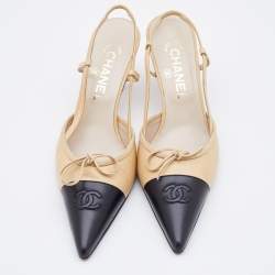 Chanel Beige/Black Leather Bow CC Cap Toe Pointed Pumps Size 38