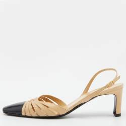 Chanel Beige/Black Leather T Strap D'orsay Pumps Size 38 Chanel