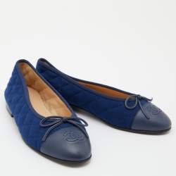 Chanel Blue Quilted Fabric and Leather CC Cap Toe Bow Ballet Flats Size 37