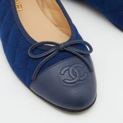 Chanel Blue Quilted Fabric and Leather CC Cap Toe Bow Ballet Flats Size 37