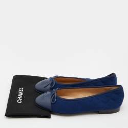 Chanel Blue Quilted Fabric and Leather CC Cap Toe Bow Ballet Flats Size 37