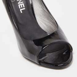 Chanel Black Patent Leather CC Peep Toe Pumps Size 36.5