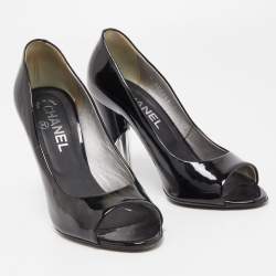 Chanel Black Patent Leather CC Peep Toe Pumps Size 36.5