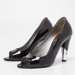 Chanel Black Patent Leather CC Peep Toe Pumps Size 36.5