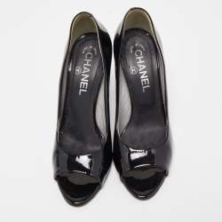 Chanel Black Patent Leather CC Peep Toe Pumps Size 36.5