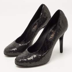 Chanel Black Sequins CC Pumps Size 37.5