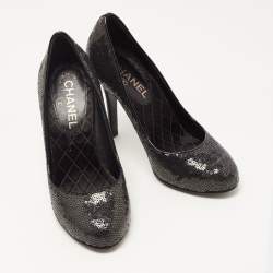 Chanel Black Sequins CC Pumps Size 37.5