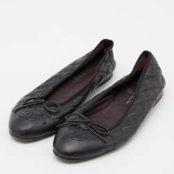 Pre Owned Chanel Black Quilted Leather CC Bow Ballet Flats Size 37.5