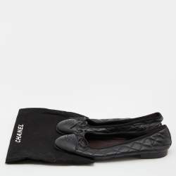 Pre Owned Chanel Black Quilted Leather CC Bow Ballet Flats Size 37.5