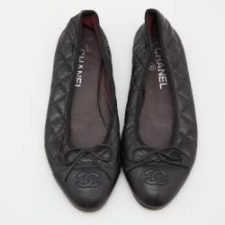 Pre Owned Chanel Black Quilted Leather CC Bow Ballet Flats Size 37.5
