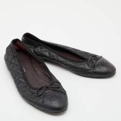 Pre Owned Chanel Black Quilted Leather CC Bow Ballet Flats Size 37.5