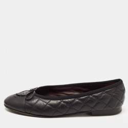 Chanel Black Quilted Leather CC Cap Toe Bow Ballet Flats Size 36.5