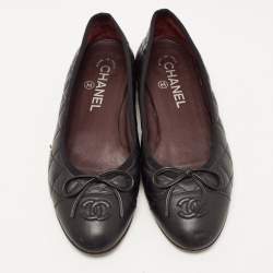 Chanel Black Quilted Leather CC Cap Toe Bow Ballet Flats Size 36.5