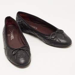 Chanel Black Quilted Leather CC Cap Toe Bow Ballet Flats Size 36.5