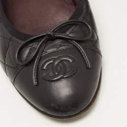Chanel Black Quilted Leather CC Cap Toe Bow Ballet Flats Size 36.5