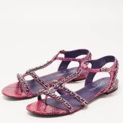 Chanel Pink/Purple Python CC Chain Link Strappy Flat Sandals Size 41
