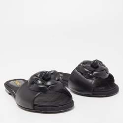 Pre Owned Chanel Black Leather Camellia Flat Slides Size 37