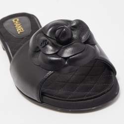 Pre Owned Chanel Black Leather Camellia Flat Slides Size 37