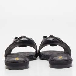 Pre Owned Chanel Black Leather Camellia Flat Slides Size 37