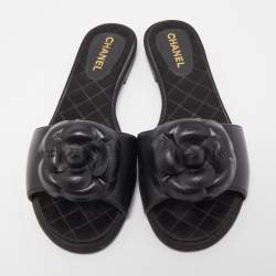 Pre Owned Chanel Black Leather Camellia Flat Slides Size 37