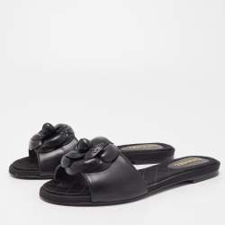 Pre Owned Chanel Black Leather Camellia Flat Slides Size 37