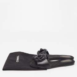 Pre Owned Chanel Black Leather Camellia Flat Slides Size 37