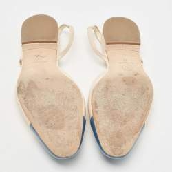 Pre Owned Chanel Blue/Cream Leather  Cap Toe CC Slingback Flat Sandals Size 37