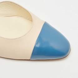 Pre Owned Chanel Blue/Cream Leather  Cap Toe CC Slingback Flat Sandals Size 37