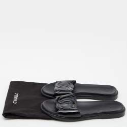 Chanel Black Patent Leather CC Flats Slide Size 37
