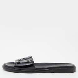 Chanel Black Patent Leather CC Flats Slide Size 37