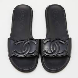 Chanel Black Patent Leather CC Flats Slide Size 37