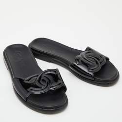 Chanel Black Patent Leather CC Flats Slide Size 37