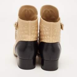 Chanel Beige/Black Quilted Leather Pearl Embellished Ankle Boots Size 37