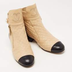 Chanel Beige/Black Quilted Leather Pearl Embellished Ankle Boots Size 37