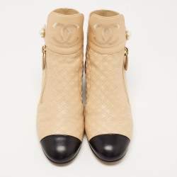 Chanel Beige/Black Quilted Leather Pearl Embellished Ankle Boots Size 37