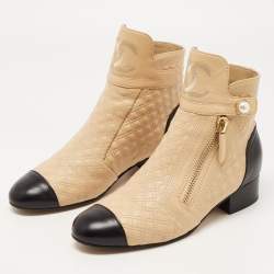 Chanel Beige/Black Quilted Leather Pearl Embellished Ankle Boots Size 37