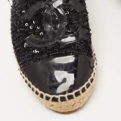 Pre Owned Chanel Black Sequins and Patent Leather CC Cap Flat Espadrille Size 37