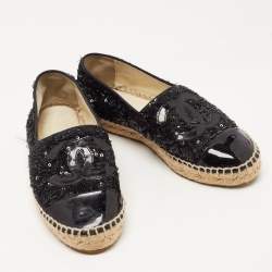 Pre Owned Chanel Black Sequins and Patent Leather CC Cap Flat Espadrille Size 37
