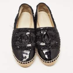 Pre Owned Chanel Black Sequins and Patent Leather CC Cap Flat Espadrille Size 37