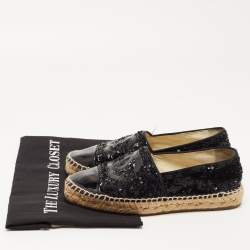 Pre Owned Chanel Black Sequins and Patent Leather CC Cap Flat Espadrille Size 37