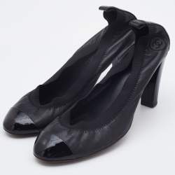 Pre Owned Chanel Black Leather and Patent Leather CC Cap Toe Scrunch Pumps Size 40