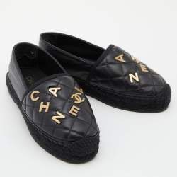 Pre Owned Chanel Black Quilted Leather CC Logo Espadrille Flats Size 36