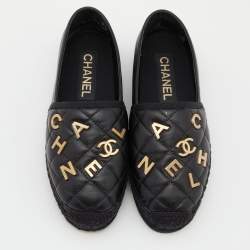 Pre Owned Chanel Black Quilted Leather CC Logo Espadrille Flats Size 36