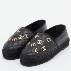 Pre Owned Chanel Black Quilted Leather CC Logo Espadrille Flats Size 36