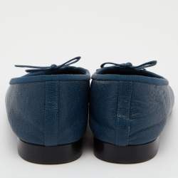 Pre Owned Chanel Blue Caviar Leather CC Bow Ballet Flats Size 37.5