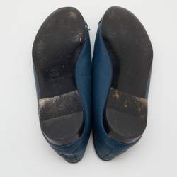 Pre Owned Chanel Blue Caviar Leather CC Bow Ballet Flats Size 37.5