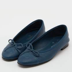 Pre Owned Chanel Blue Caviar Leather CC Bow Ballet Flats Size 37.5