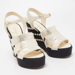 Pre Owned Chanel Gold Laminated Suede CC Faux Pearl Wedge Strappy Sandals Size 38