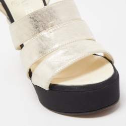 Pre Owned Chanel Gold Laminated Suede CC Faux Pearl Wedge Strappy Sandals Size 38