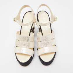 Pre Owned Chanel Gold Laminated Suede CC Faux Pearl Wedge Strappy Sandals Size 38